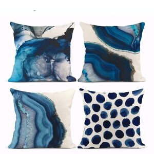NWOT Set Of 4 Throw Pillowcovers Navy Blue Marble Dots Coastal Colors Pillow Set